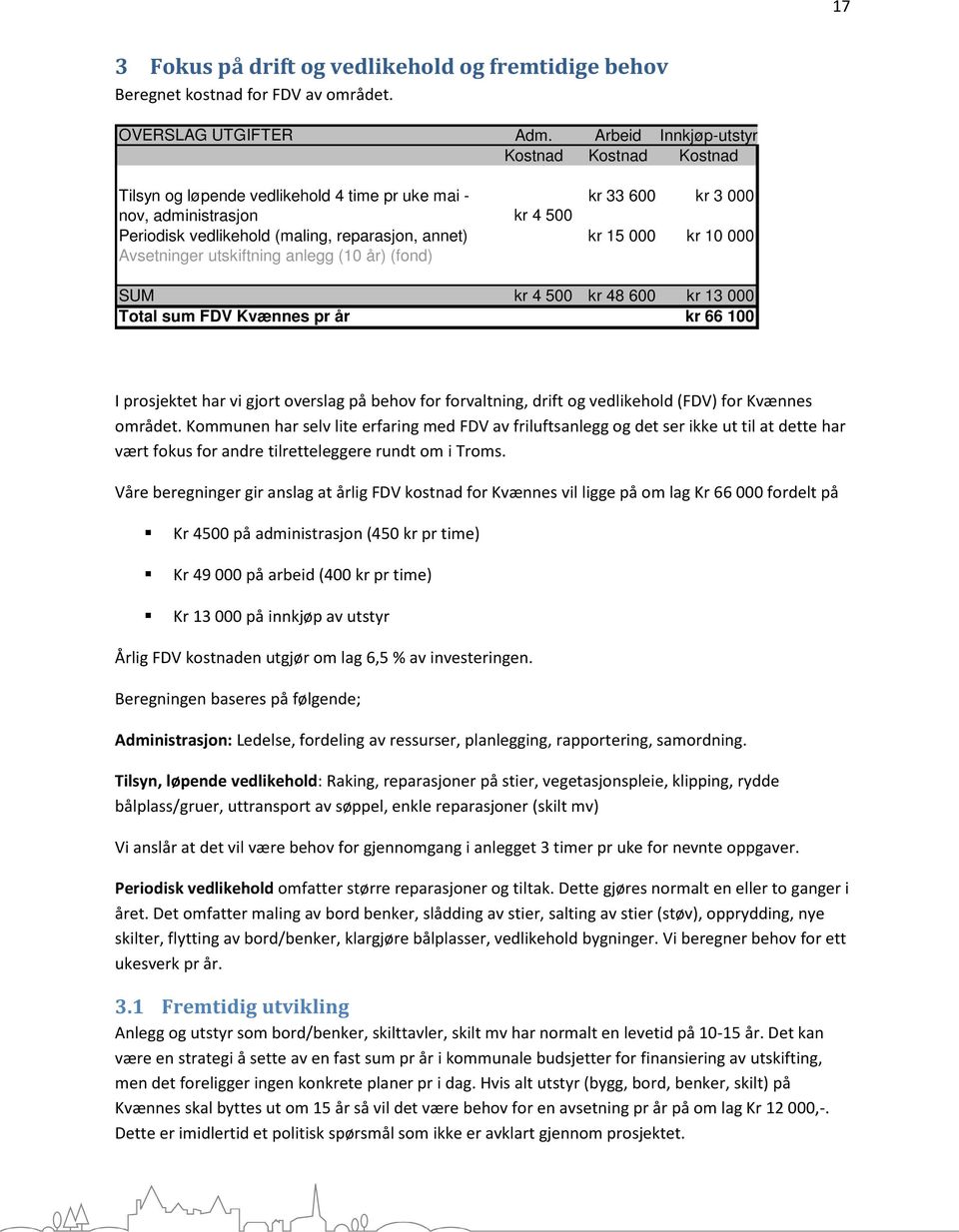 000 kr 10 000 Avsetninger utskiftning anlegg (10 år) (fond) SUM kr 4 500 kr 48 600 kr 13 000 Total sum FDV Kvænnes pr år kr 66 100 I prosjektet har vi gjort overslag på behov for forvaltning, drift