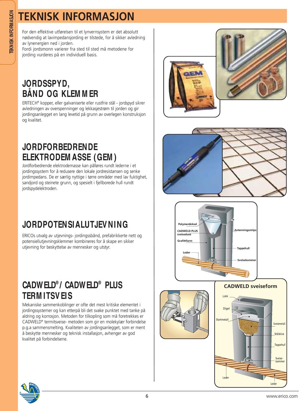 JORDSSPYD, BÅND OG KLEMMER ERITECH kopper, eller galvaniserte eller rustfrie stål - jordspyd sikrer avledningen av overspenninger og lekkasjestrøm til jorden og gir jordingsanlegget en lang levetid