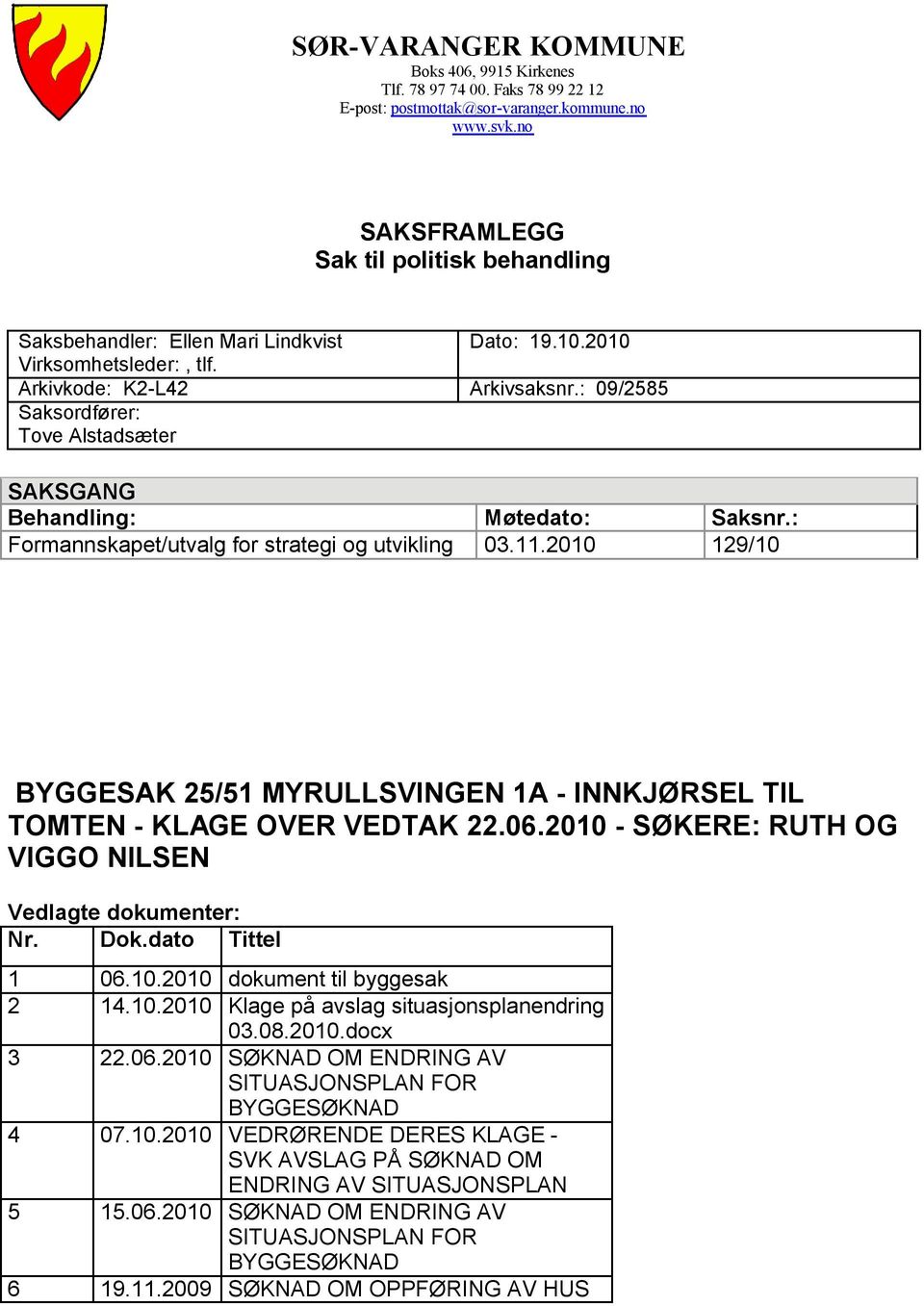 Arkivkode: K2-L42 Saksordfører: Tove Alstadsæter SAKSGANG Behandling: Formannskapet/utvalg for strategi og utvikling Dato: 19.10.2010 Arkivsaksnr.: 09/2585 Møtedato: 03.11.2010 Saksnr.