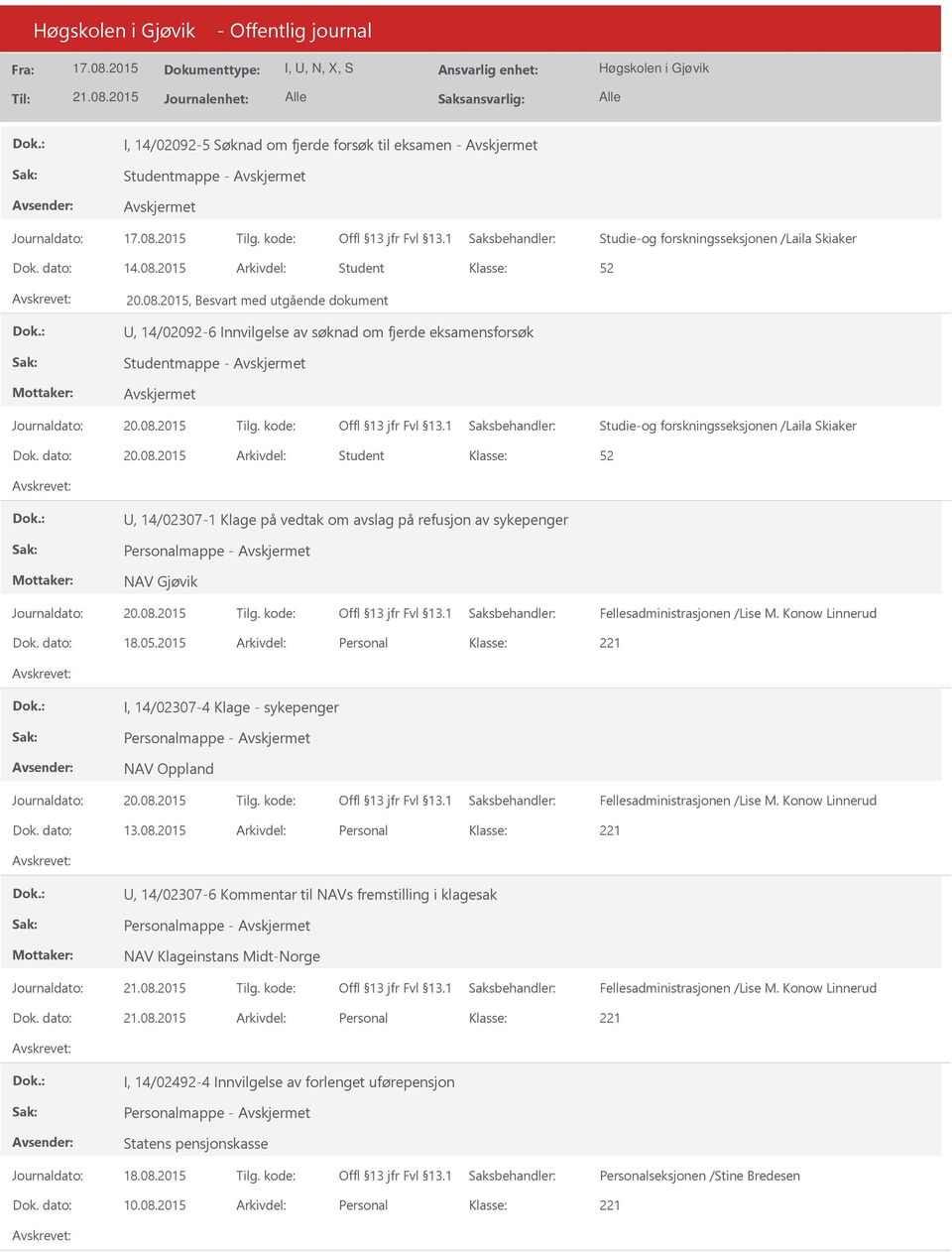 2015, Besvart med utgående dokument, 14/02092-6 Innvilgelse av søknad om fjerde eksamensforsøk Studentmappe -, 14/02307-1 Klage på vedtak om avslag på refusjon av sykepenger Personalmappe - NAV