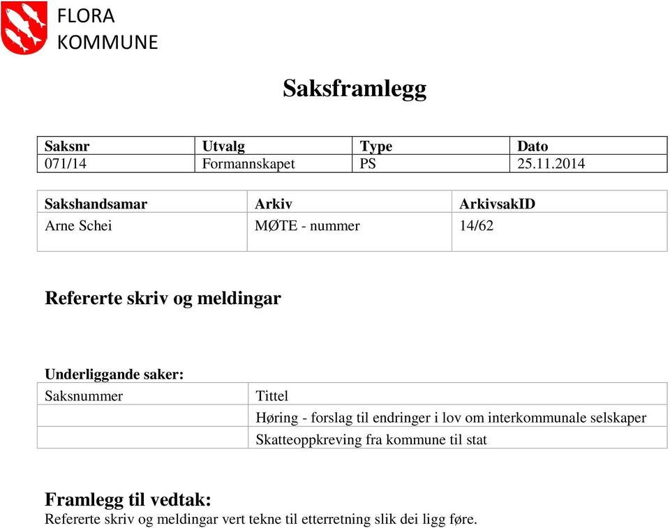 Underliggande saker: Saksnummer Tittel Høring - forslag til endringer i lov om interkommunale selskaper