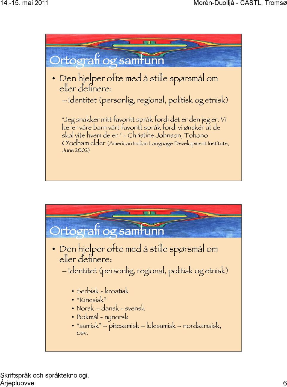 " - Christine Johnson, Tohono O'odham elder (American Indian Language Development Institute, June 2002) Ortografi og samfunn Den hjelper ofte med å stille