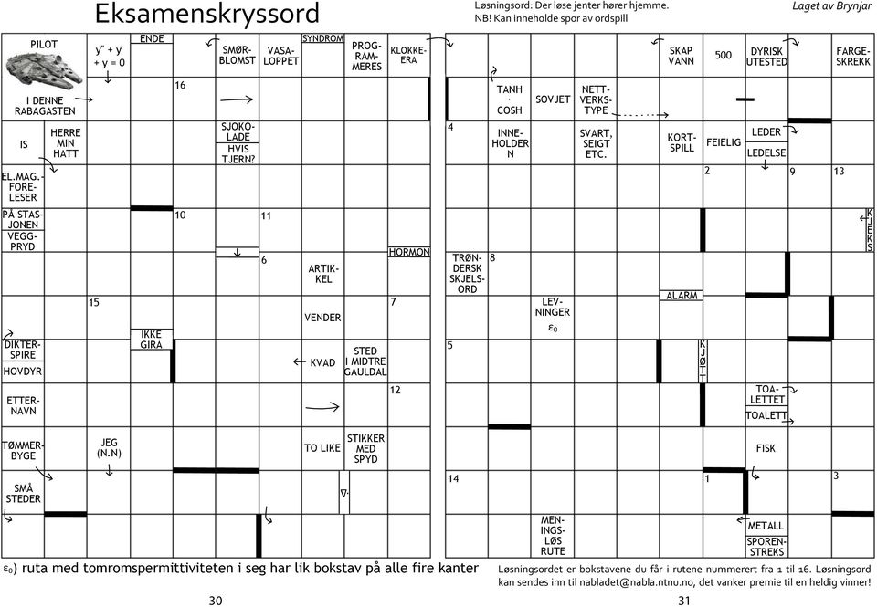 10 11 VASA- LOPPET 6 SYNDROM ARTIK- KEL VENDER KVAD PROG- RAM- MERES STED I MIDTRE GAULDAL KLOKKE- ERA HORMON 7 12 4 TRØN- DERSK SKJELS- ORD 5 Løsningsord: Der løse jenter hører hjemme. NB!