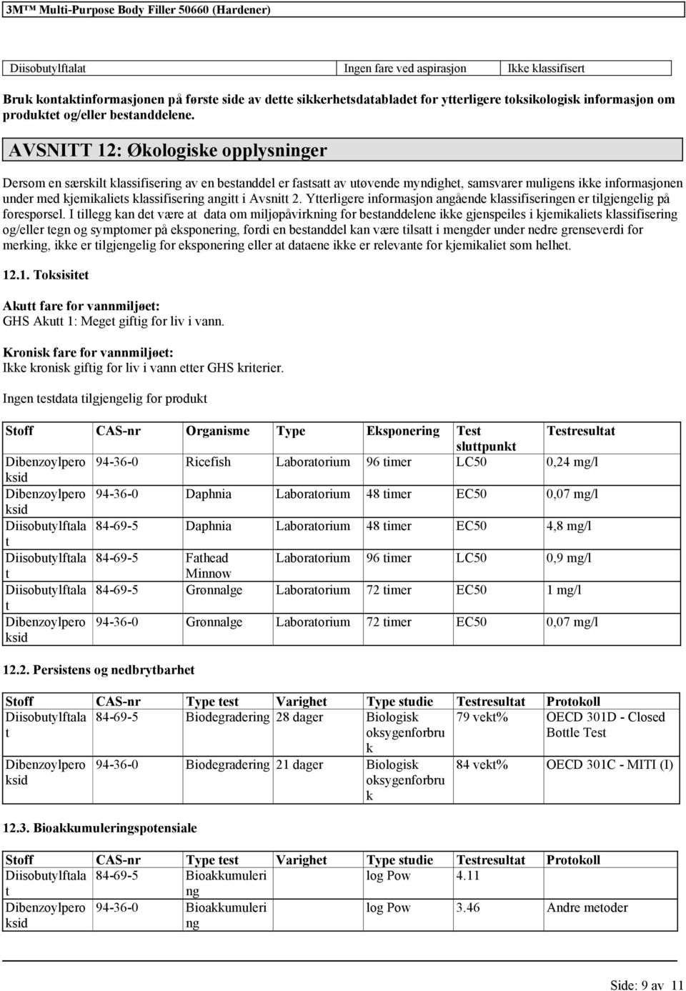 AVSNITT 12: Økologiske opplysninger Dersom en særskilt av en bestanddel er fastsatt av utøvende myndighet, samsvarer muligens ikke informasjonen under med kjemikaliets angitt i Avsnitt 2.