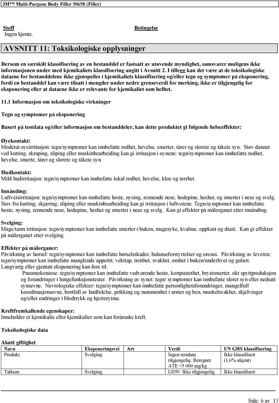 2. I tillegg kan det være at de toksikologiske dataene for bestanddelene ikke gjenspeiles i kjemikaliets og/eller tegn og symptomer på eksponering, fordi en bestanddel kan være tilsatt i mengder