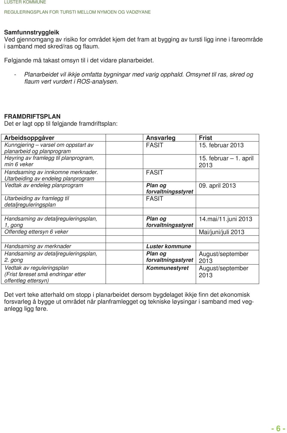 FRAMDRIFTSPLAN Det er lagt opp til følgjande framdriftsplan: Arbeidsoppgåver Ansvarleg Frist Kunngjering varsel om oppstart av FASIT 15.