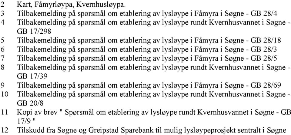 spørsmål om etablering av lysløype i Fåmyra i Søgne - GB 28/18 6 Tilbakemelding på spørsmål om etablering av lysløype i Fåmyra i Søgne - GB 28/3 7 Tilbakemelding på spørsmål om etablering av lysløype