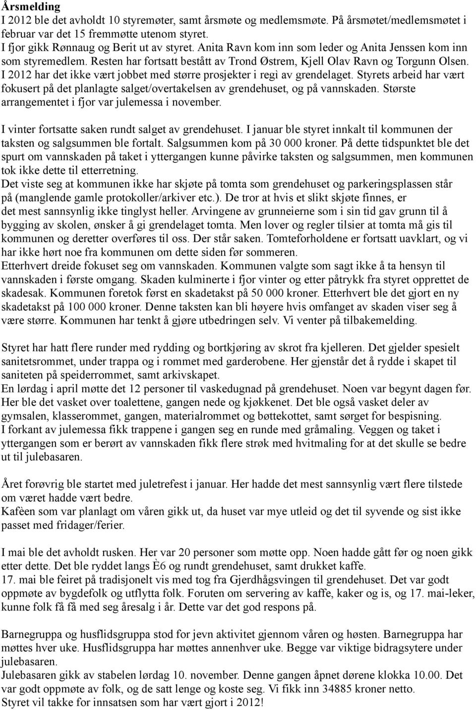 I 2012 har det ikke vært jobbet med større prosjekter i regì av grendelaget. Styrets arbeid har vært fokusert på det planlagte salget/overtakelsen av grendehuset, og på vannskaden.