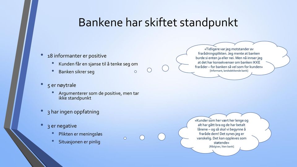 Men nå innser jeg at det har konsekvenser om banken IKKE fraråder for banken så vel som for kunden» [Informant, landsdekkende bank] 5 er nøytrale Argumenterer som de