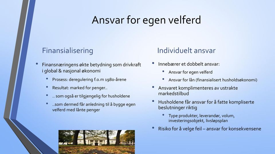 .som dermed får anledning til å bygge egen velferd med lånte penger Individuelt ansvar Innebærer et dobbelt ansvar: Ansvar for egen velferd Ansvar for lån