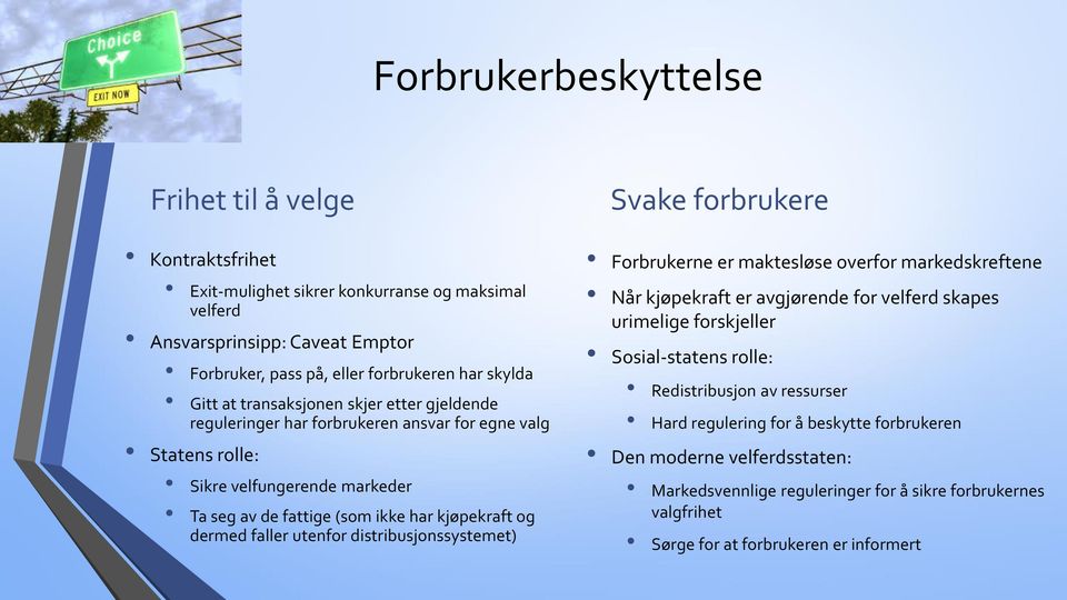 utenfor distribusjonssystemet) Svake forbrukere Forbrukerne er maktesløse overfor markedskreftene Når kjøpekraft er avgjørende for velferd skapes urimelige forskjeller Sosial-statens rolle: