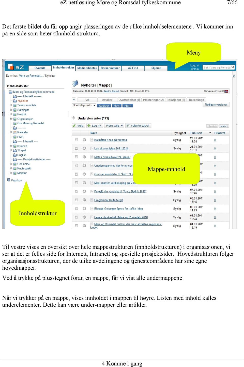 Intranett og spesielle prosjektsider. Hovedstrukturen følger organisasjonsstrukturen, der de ulike avdelingene og tjenesteområdene har sine egne hovedmapper.