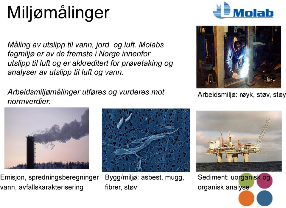 analyser av utslipp til luft og vann. Arbeidsmiljømålinger utføres og vurderes mot normverdier.