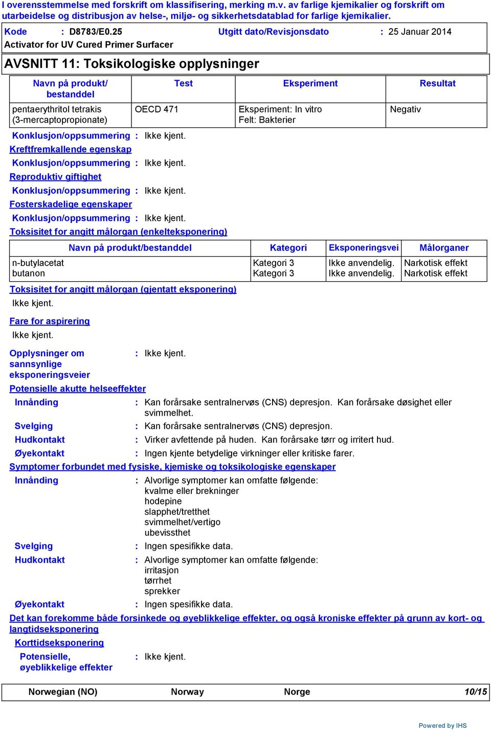 Eksperiment In vitro Felt Bakterier Negativ Konklusjon/oppsummering Kreftfremkallende egenskap Konklusjon/oppsummering Reproduktiv giftighet Konklusjon/oppsummering Fosterskadelige egenskaper