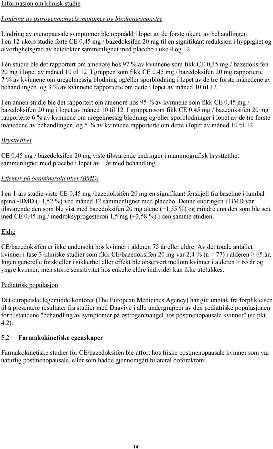 I én studie ble det rapportert om amenoré hos 97 % av kvinnene som fikk CE 0,45 mg / bazedoksifen 20 mg i løpet av måned 10 til 12.