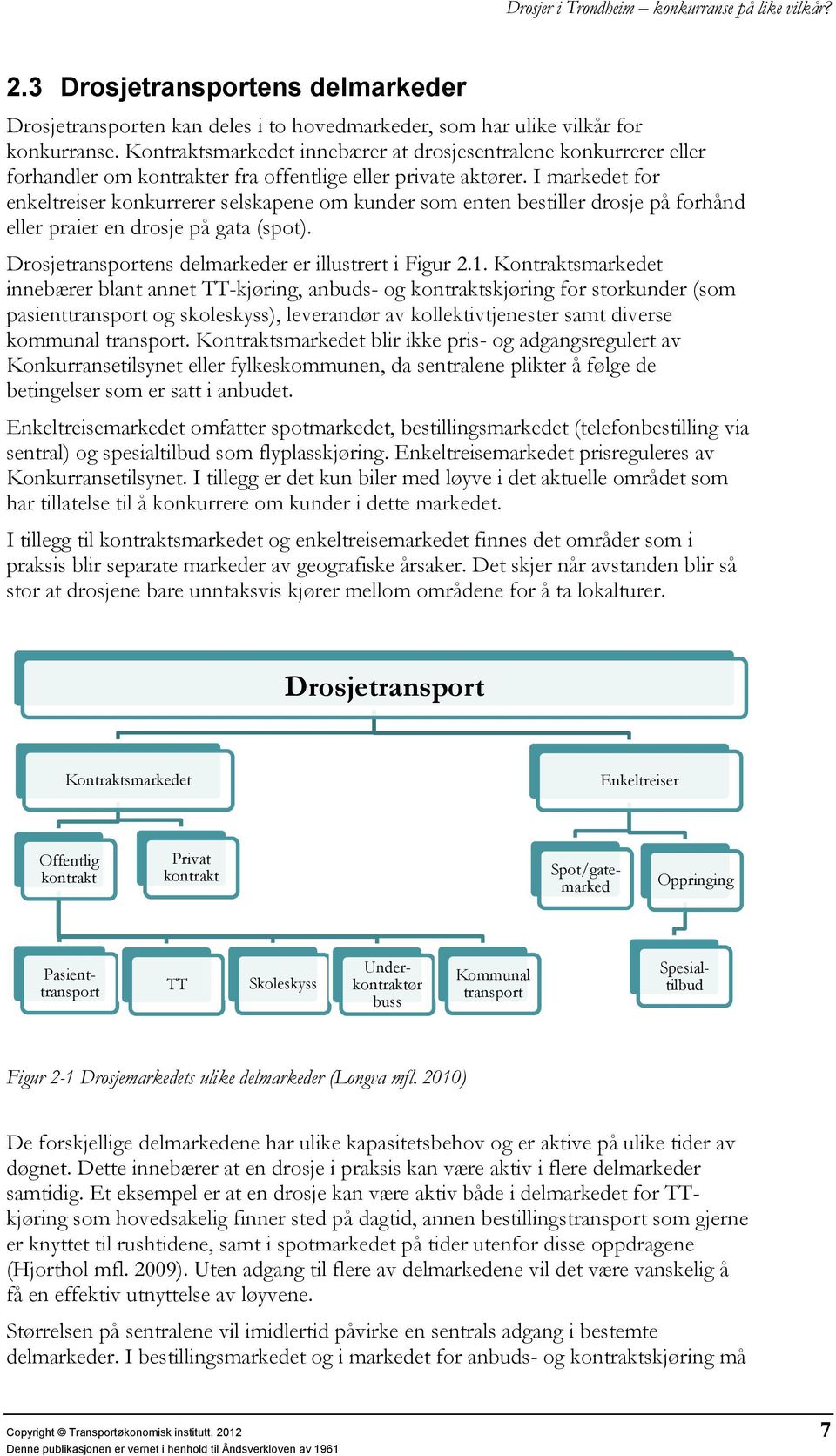 I markedet for enkeltreiser konkurrerer selskapene om kunder som enten bestiller drosje på forhånd eller praier en drosje på gata (spot). Drosjetransportens delmarkeder er illustrert i Figur 2.1.