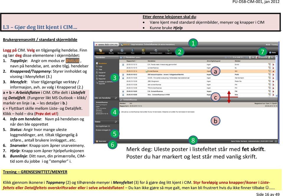 Knapperad/Toppmeny: Styrer innholdet og visning i Menyfeltet (3.) 3. Menyfelt: Viser tilgjengelige verktøy / informasjon, avh. av valg i Knapperad (2.) a + b = Arbeidsflaten i CIM.