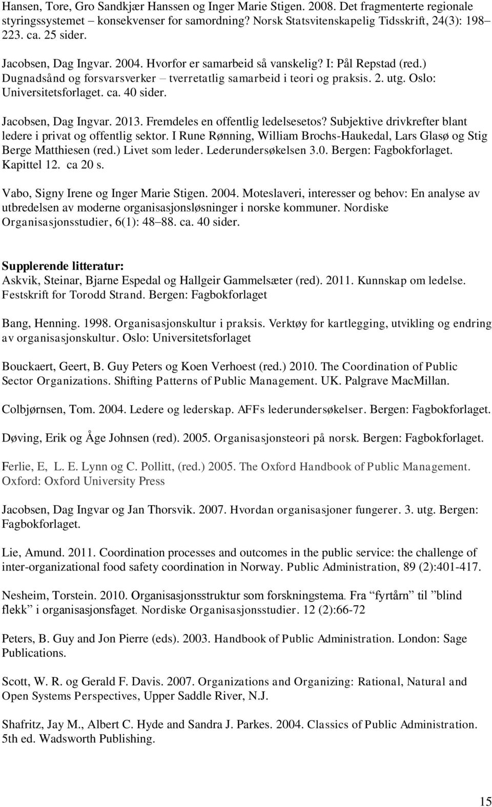 Oslo: Universitetsforlaget. ca. 40 sider. Jacobsen, Dag Ingvar. 2013. Fremdeles en offentlig ledelsesetos? Subjektive drivkrefter blant ledere i privat og offentlig sektor.