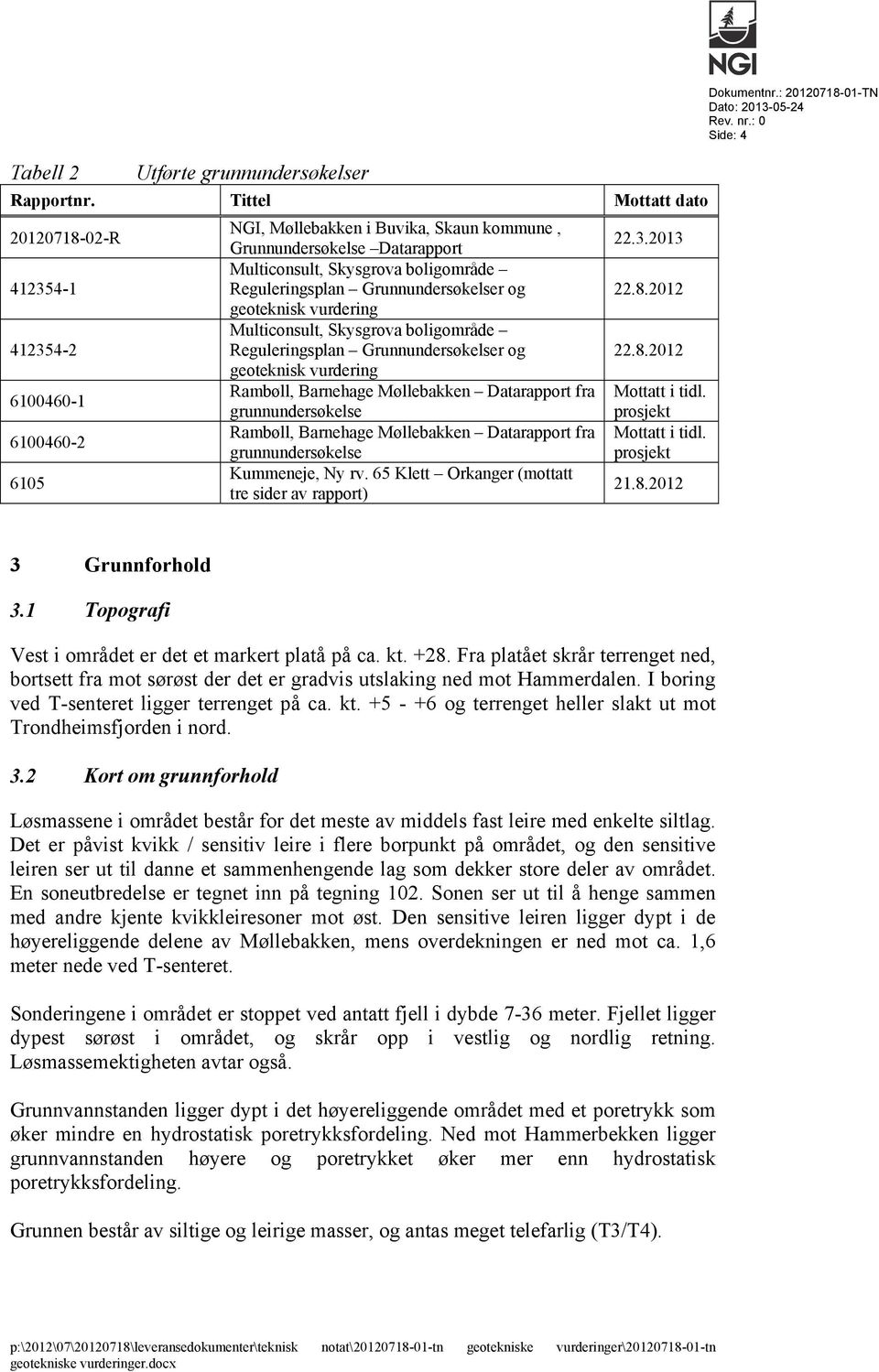 Reguleringsplan Grunnundersøkelser og geoteknisk vurdering Multiconsult, Skysgrova boligområde Reguleringsplan Grunnundersøkelser og geoteknisk vurdering Rambøll, Barnehage Møllebakken Datarapport