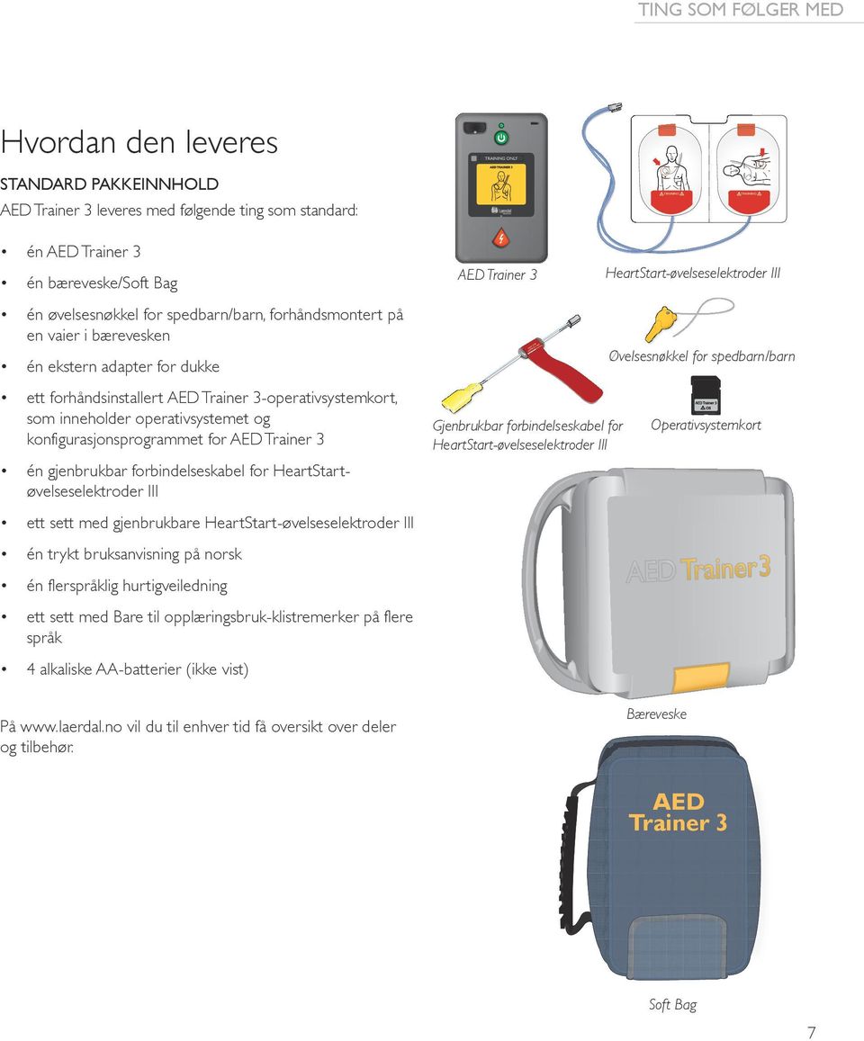 konfigurasjonsprogrammet for AED Trainer 3 HeartStart-øvelseselektroder III AED Trainer 3 R T FO NO ICAL IN CL E US Øvelsesnøkkel for spedbarn/barn Gjenbrukbar forbindelseskabel for