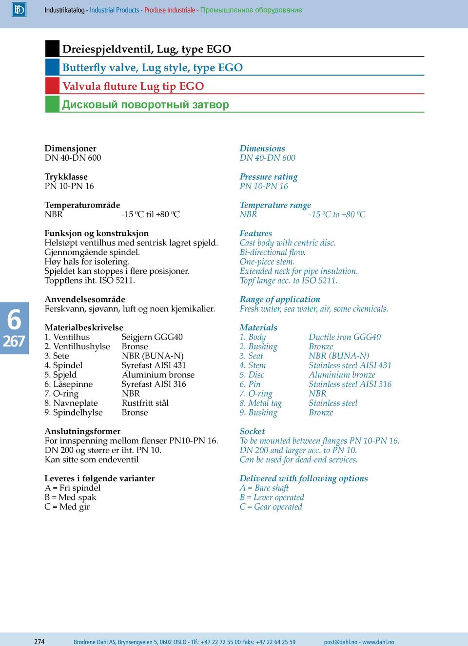 Anvendelsesområde Ferskvann, sjøvann, luft og noen kjemikalier. Materialbeskrivelse 1. Ventilhus Seigjern GGG40 2. Ventilhushylse Bronse 3. Sete NBR (BUNA-N) 4. Spindel Syrefast AISI 431 5.