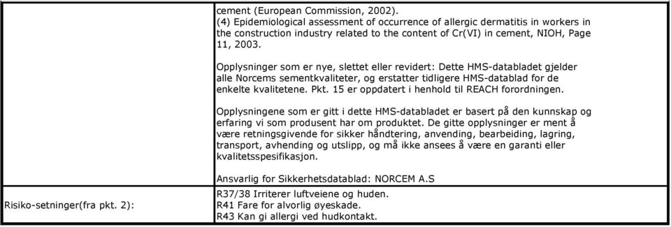 Opplysninger som er nye, slettet eller revidert: Dette HMS-databladet gjelder alle Norcems sementkvaliteter, og erstatter tidligere HMS-datablad for de enkelte kvalitetene. Pkt.