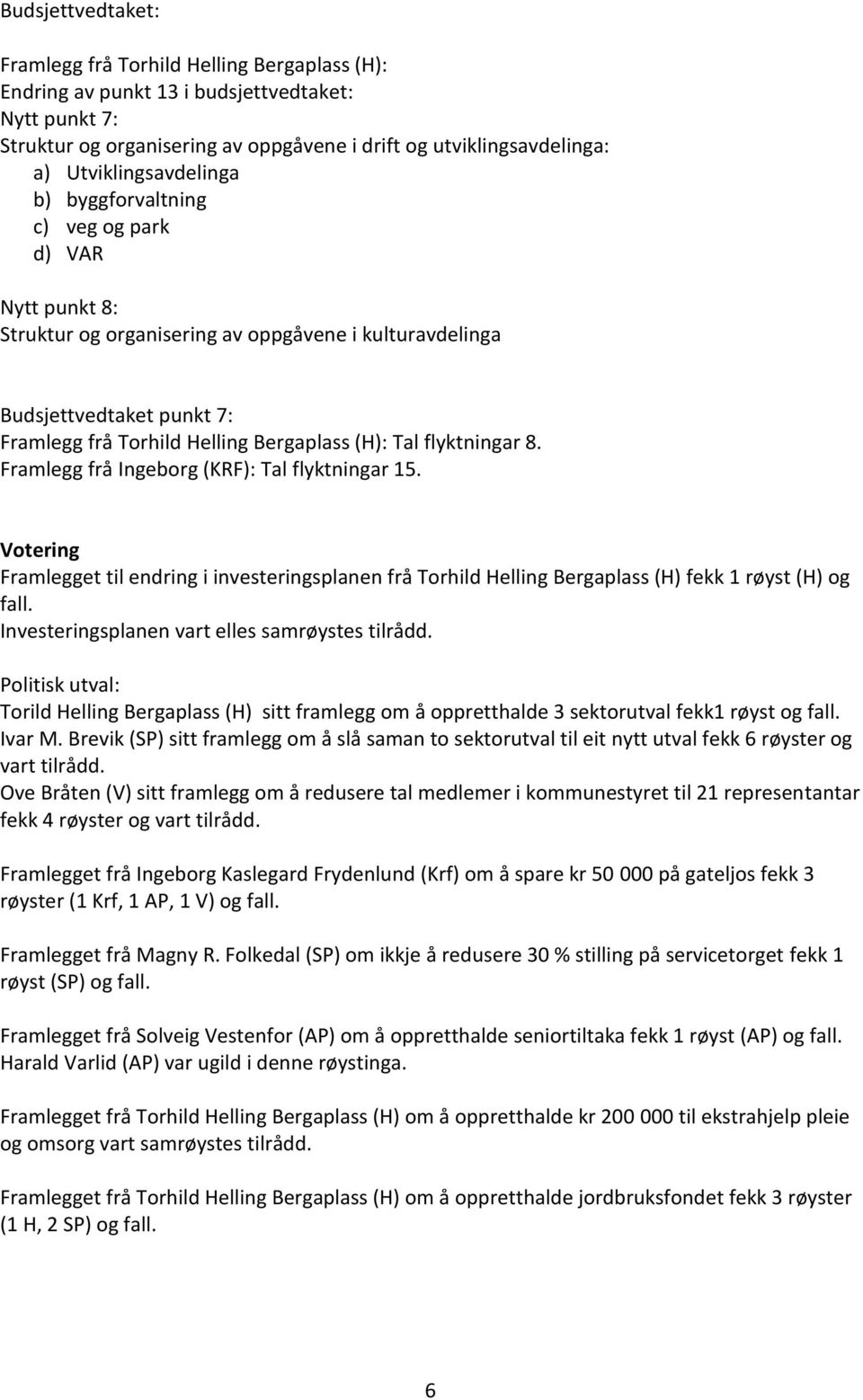 (H): Tal flyktningar 8. Framlegg frå Ingeborg (KRF): Tal flyktningar 15. Votering Framlegget til endring i investeringsplanen frå Torhild Helling Bergaplass (H) fekk 1 røyst (H) og fall.