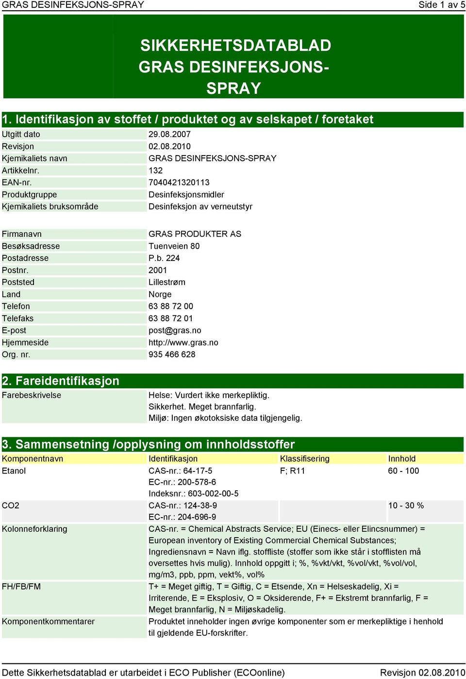 7040421320113 Produktgruppe Desinfeksjonsmidler Kjemikaliets bruksområde Desinfeksjon av verneutstyr Firmanavn GRAS PRODUKTER AS Besøksadresse Tuenveien 80 Postadresse P.b. 224 Postnr.