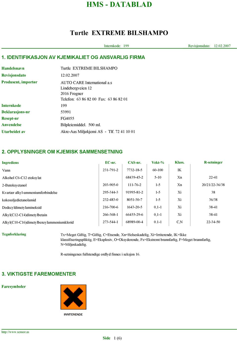 OPPLYSNINGER OM KJEMISK SAMMENSETNING Ingrediens EC-nr. CAS-nr. Vekt-% Klass.