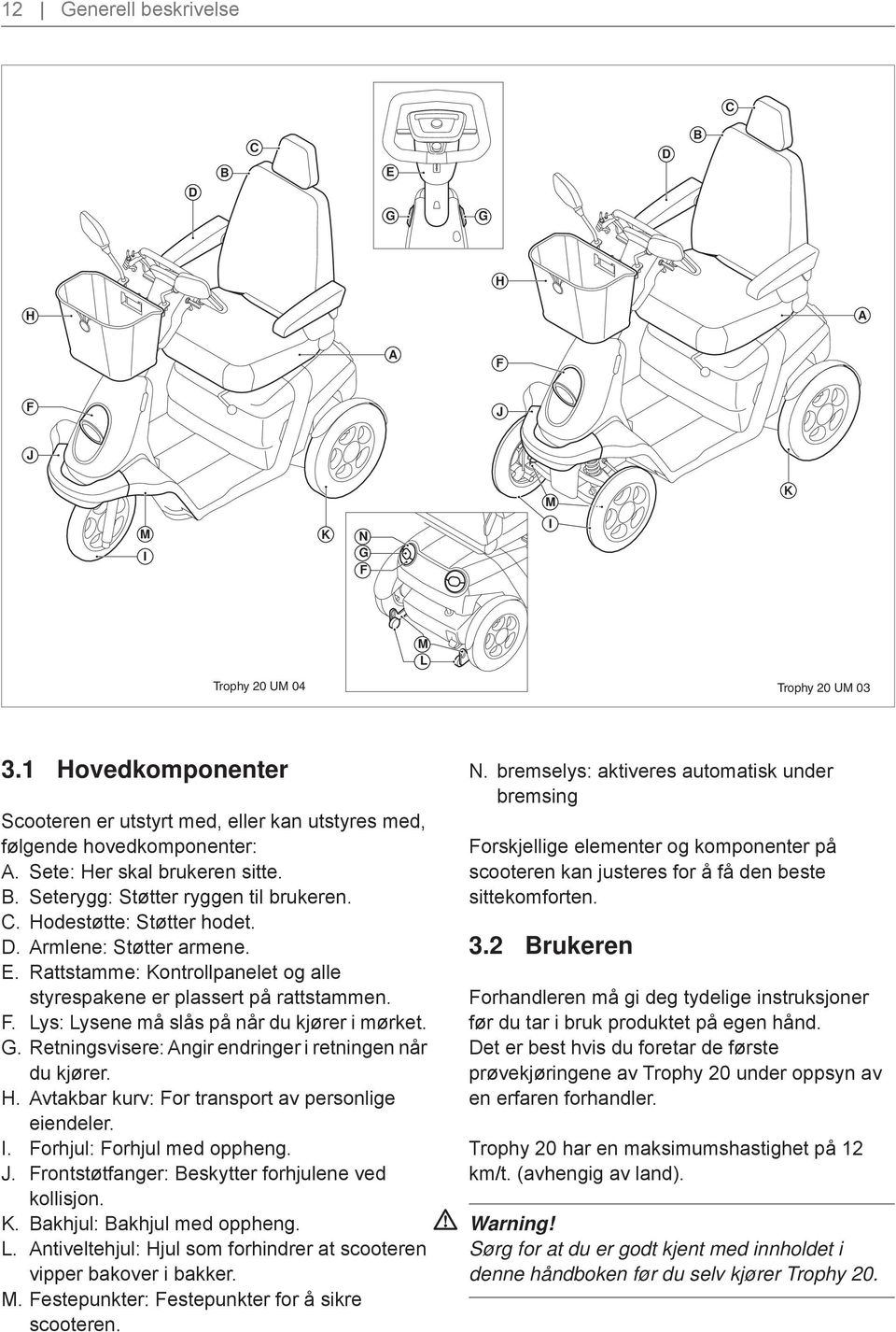 Hodestøtte: Støtter hodet. D. Armlene: Støtter armene. E. Rattstamme: Kontrollpanelet og alle styrespakene er plassert på rattstammen. F. Lys: Lysene må slås på når du kjører i mørket. G.