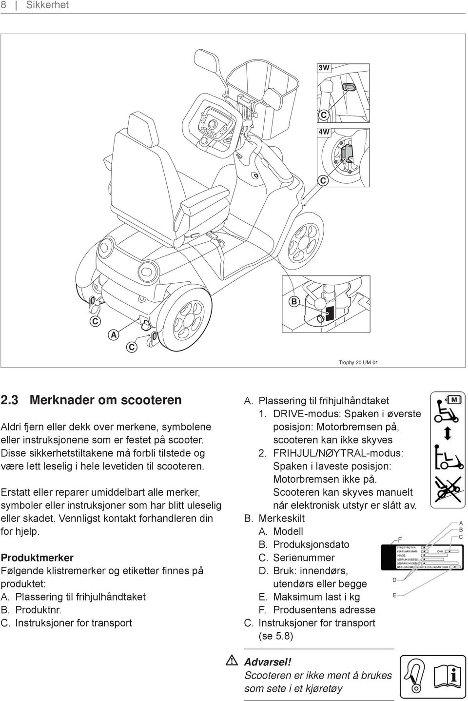 Erstatt eller reparer umiddelbart alle merker, symboler eller instruksjoner som har blitt uleselig eller skadet. Vennligst kontakt forhandleren din for hjelp.