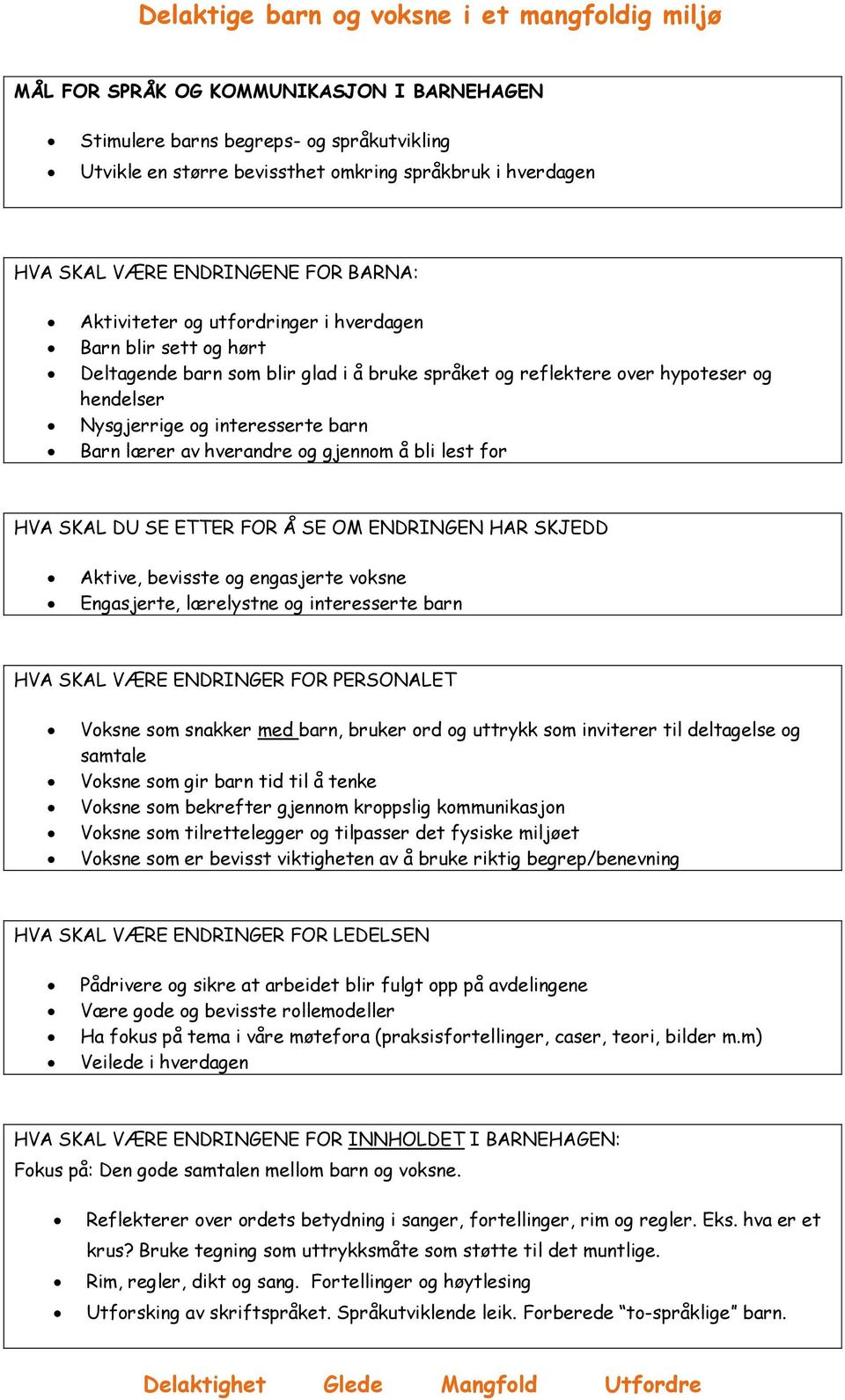 gjennom å bli lest for HVA SKAL DU SE ETTER FOR Å SE OM ENDRINGEN HAR SKJEDD Aktive, bevisste og engasjerte voksne Engasjerte, lærelystne og interesserte barn HVA SKAL VÆRE ENDRINGER FOR PERSONALET