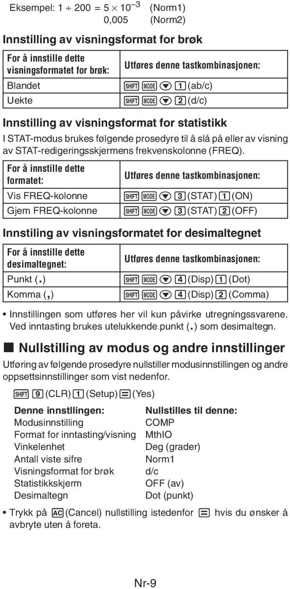 For å innstille dette Utføres denne tastkombinasjonen: formatet: Vis FREQ-kolonne 1Nc3(STAT)1(ON) Gjem FREQ-kolonne 1Nc3(STAT)2(OFF) Innstiling av visningsformatet for desimaltegnet For å innstille