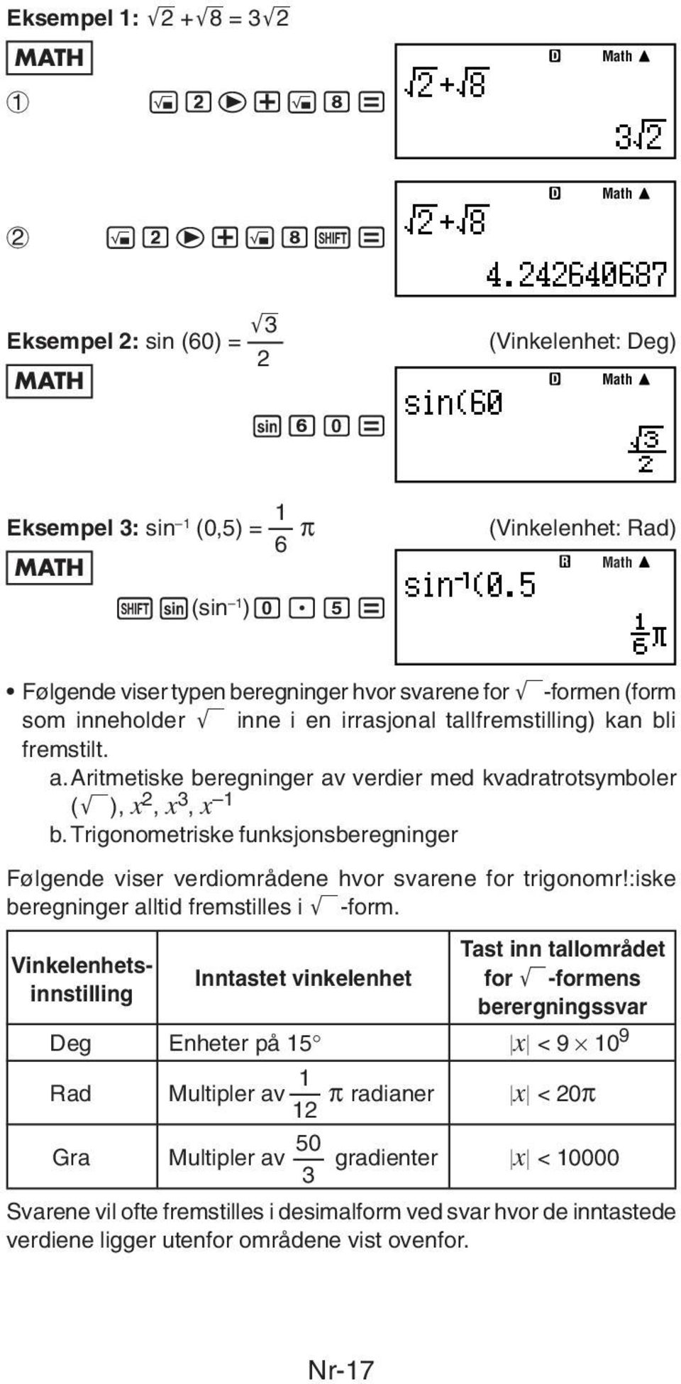 aritmetiske beregninger av verdier med kvadratrotsymboler ('), x 2, x 3, x 1 b. Trigonometriske funksjonsberegninger Følgende viser verdiområdene hvor svarene for trigonomr!