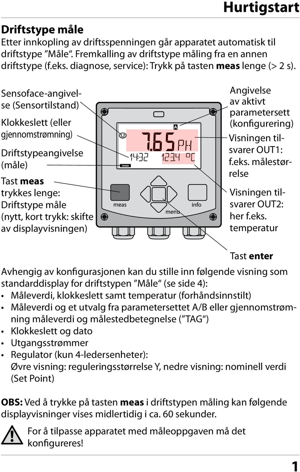 Sensoface-angivelse (Sensortilstand) Klokkeslett (eller gjennomstrømning) Driftstypeangivelse (måle) Tast meas trykkes lenge: Driftstype måle (nytt, kort trykk: skifte av displayvisningen) Angivelse