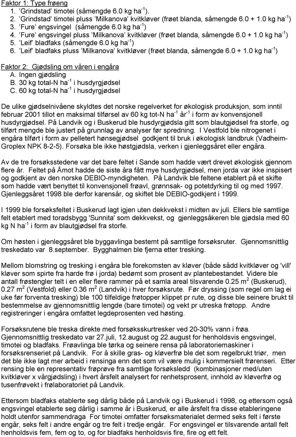 Leif bladfaks pluss Milkanova kvitkløver (frøet blanda, såmengde 6.0 + 1.0 kg ha -1 ) Faktor 2: Gjødsling om våren i engåra A. Ingen gjødsling B. 30 kg total-n ha -1 i husdyrgjødsel C.