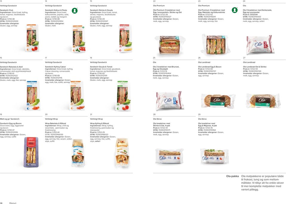 nr: 70-88 GTIN: 7000 Inneholder allergener: Gluten, melk Sandwich Skinke & Gouda Ingredienser: Grovt brød, tomat, skinke, majones, Vestfoldsalat og goudaost Prod.