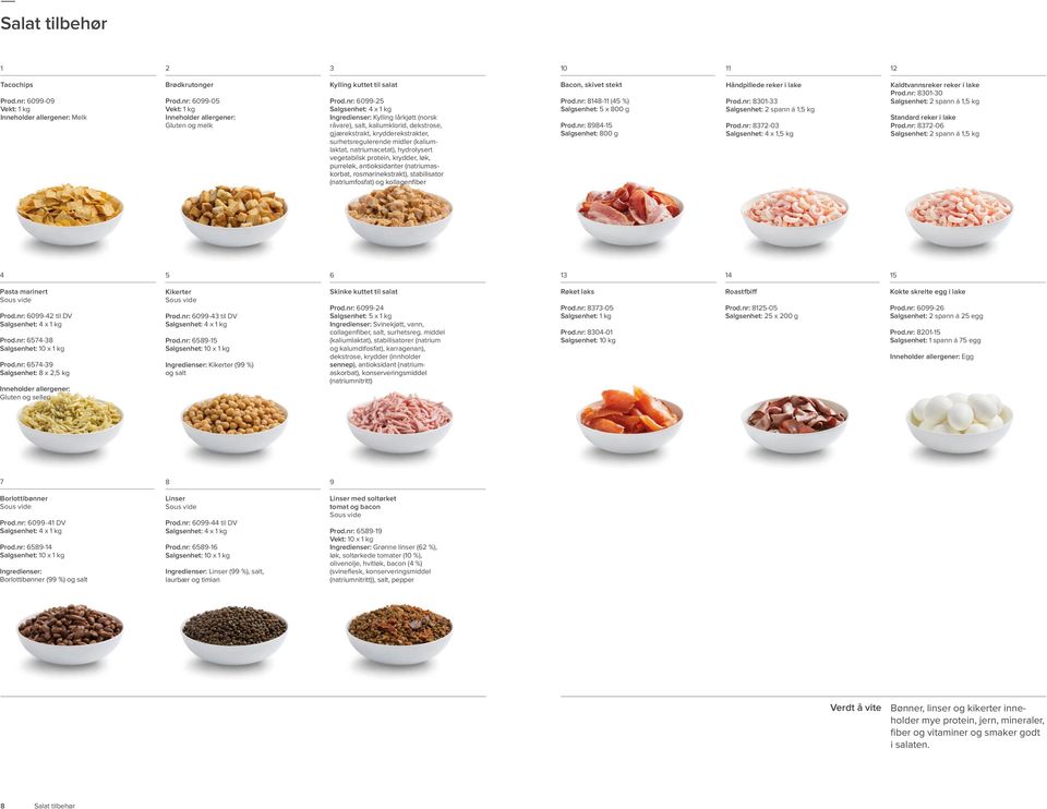 hydrolysert vegetabilsk protein, krydder, løk, purreløk, antioksidanter (natriumaskorbat, rosmarinekstrakt), stabilisator (natriumfosfat) og kollagenfiber Bacon, skivet stekt Prod.