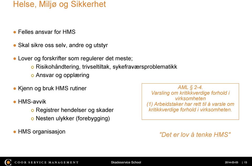 hendelser og skader Nesten ulykker (forebygging) HMS organisasjon AML 2-4.