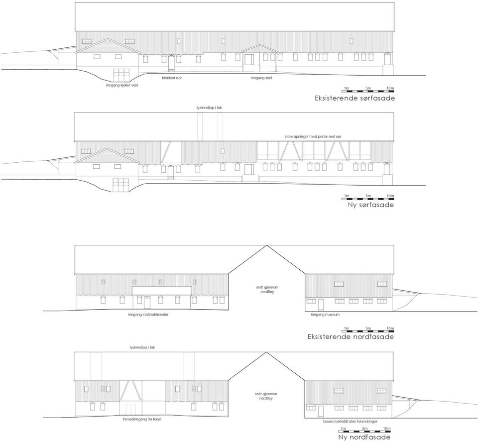 stall/vaktmester inngang museum 1m 5m 10m Eksisterende nordfasade lysinnslipp i tak snitt