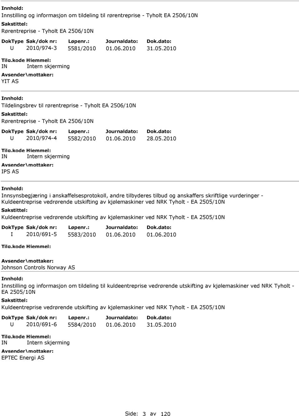 2010 nnsynsbegjæring i anskaffelsesprotokoll, andre tilbyderes tilbud og anskaffers skriftlige vurderinger - Kuldeentreprise vedrørende utskifting av kjølemaskiner ved NRK Tyholt - EA 2505/10N