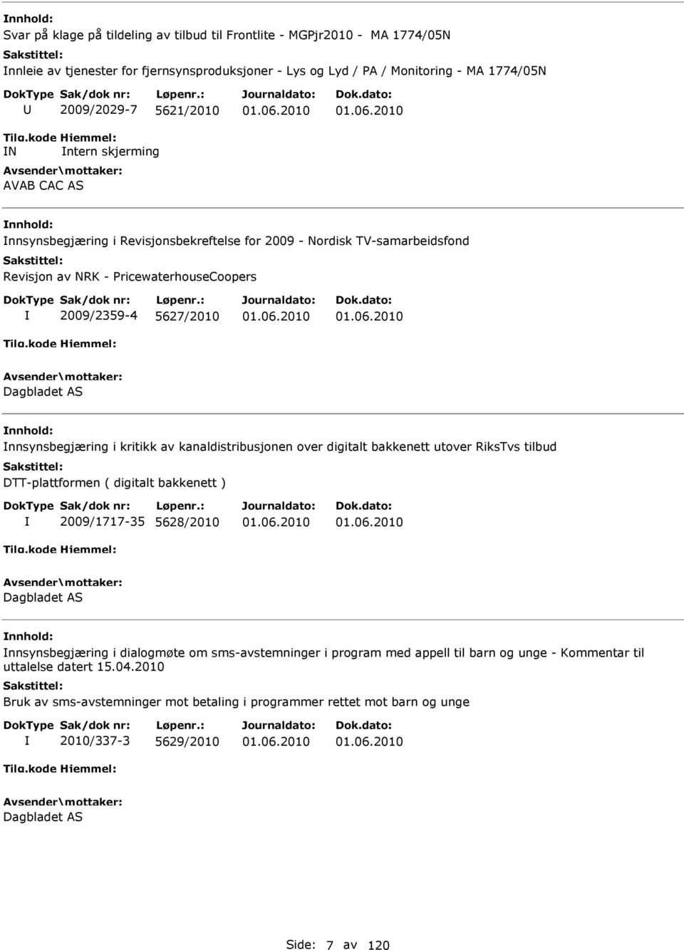 06.2010 01.06.2010 Dagbladet AS nnsynsbegjæring i dialogmøte om sms-avstemninger i program med appell til barn og unge - Kommentar til uttalelse datert 15.04.