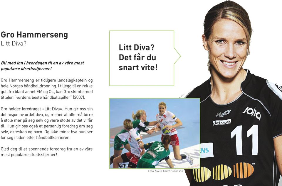 I tillegg til en rekke gull fra blant annet EM og OL, kan Gro skimte med tittelen verdens beste håndballspiller (2007). Gro holder foredraget «Litt Diva».