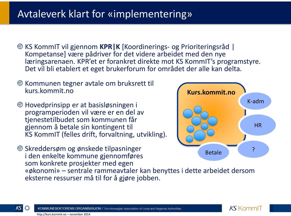 no Hovedprinsipp er at basisløsningen i programperioden vil være er en del av tjenestetilbudet som kommunen får gjennom å betale sin kontingent til KS KommIT (felles drift, forvaltning, utvikling).