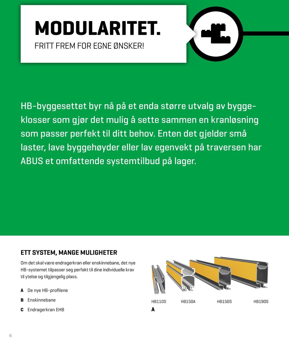 Enten det gjelder små laster, lave byggehøyder eller lav egenvekt på traversen har ABUS et omfattende systemtilbud på lager.