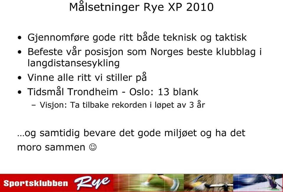 alle ritt vi stiller på Tidsmål Trondheim - Oslo: 13 blank Visjon: Ta