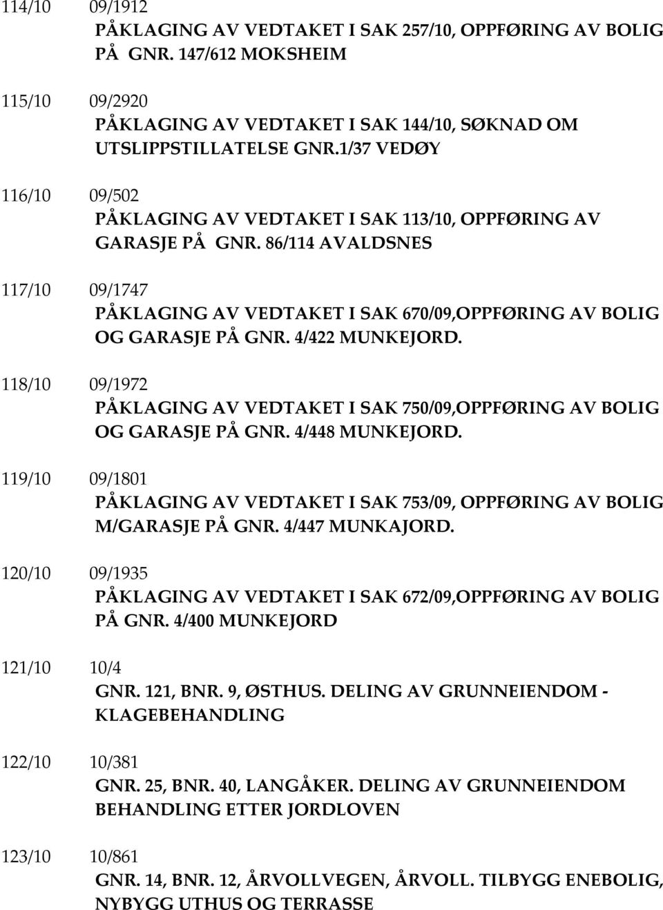 4/422 MUNKEJORD. 118/10 09/1972 PÅKLAGING AV VEDTAKET I SAK 750/09,OPPFØRING AV BOLIG OG GARASJE PÅ GNR. 4/448 MUNKEJORD.