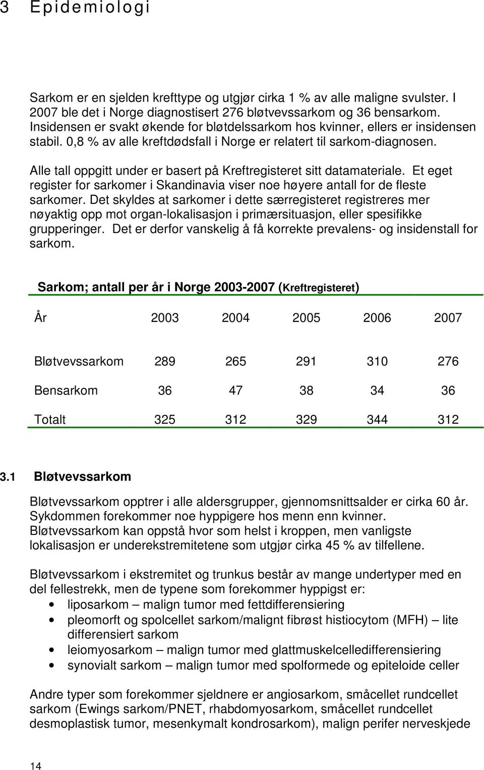 Alle tall oppgitt under er basert på Kreftregisteret sitt datamateriale. Et eget register for sarkomer i Skandinavia viser noe høyere antall for de fleste sarkomer.