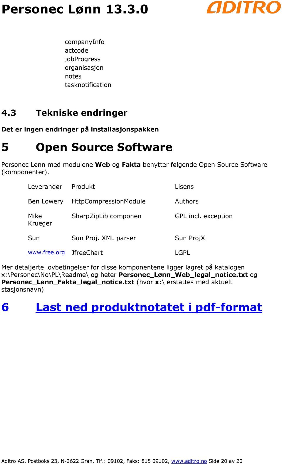 Leverandør Produkt Lisens Ben Lowery HttpCompressionModule Authors Mike Krueger SharpZipLib componen GPL incl. exception Sun Sun Proj. XML parser Sun ProjX www.free.