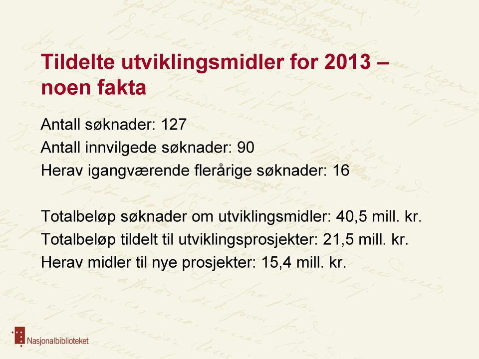 Totalbeløp søknader om utviklingsmidler: 40,5 mill. kr.